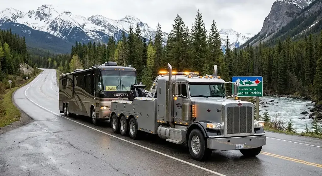 Vancouver heavy-duty tow truck with RV in transport
