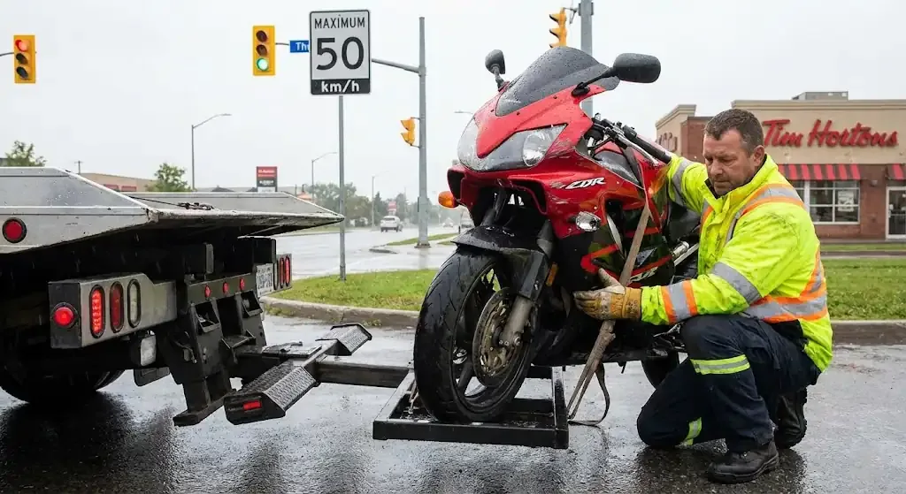 Vancouver motorcycle being safely loaded for transport