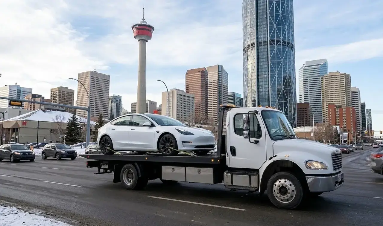 Vancouver electric vehicle on flatbed transport
